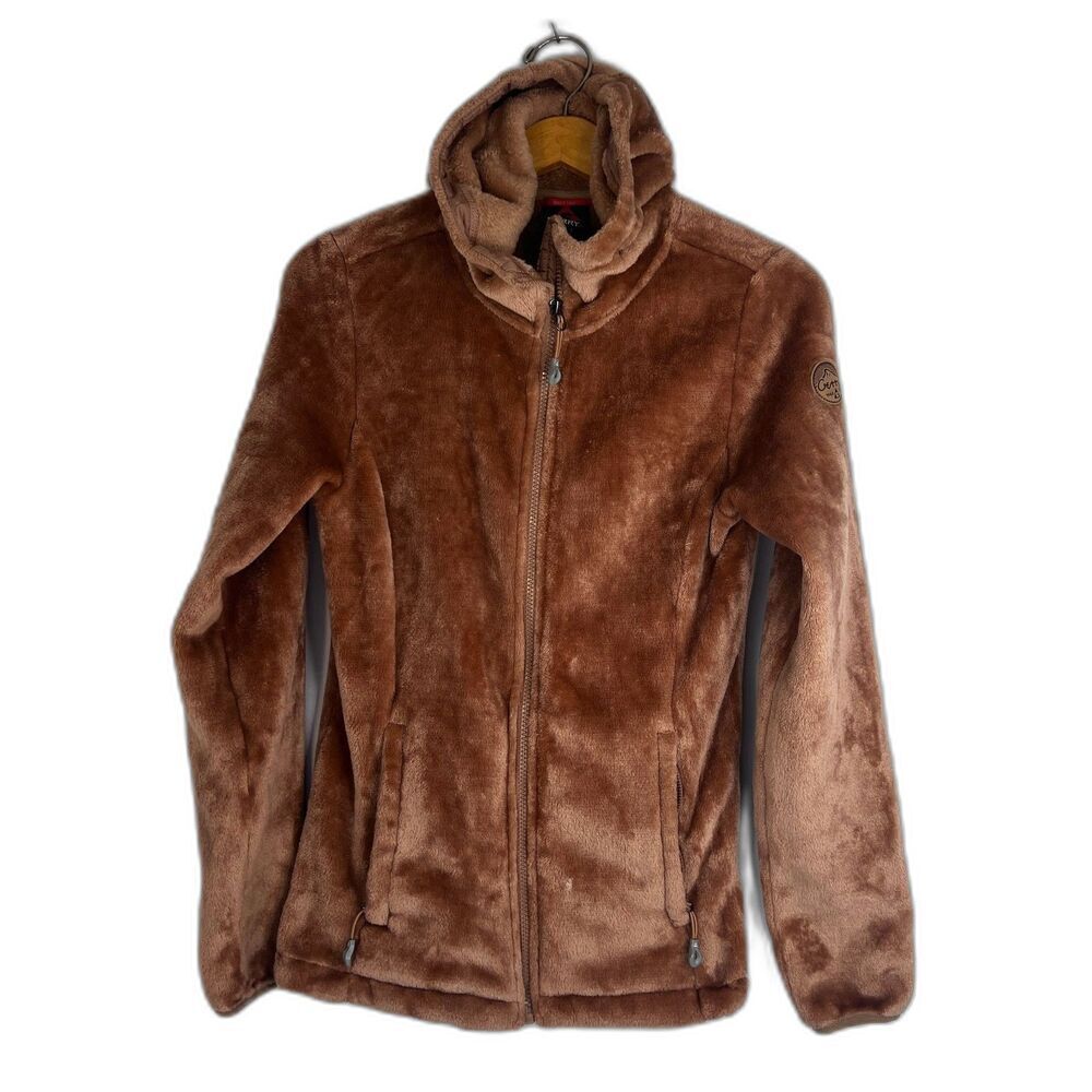 Gerry Brown Fuzzy Hooded Full Zip‎ Sweater Jacket Zip Pockets Size Small